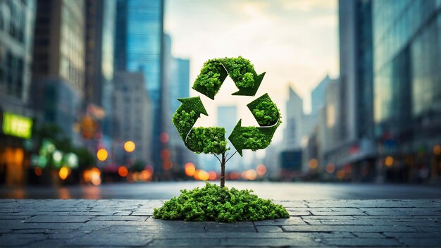 closeup of small green tree in form of Recycle sign