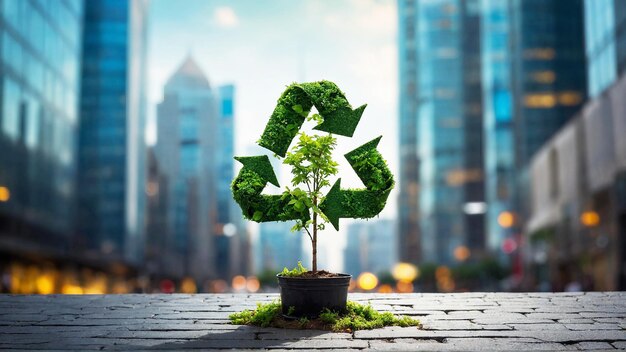 closeup of small green tree in form of Recycle sign