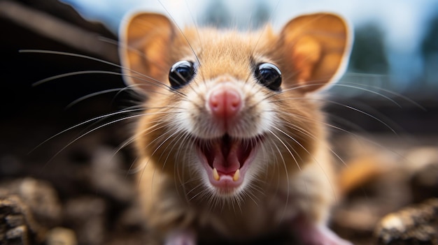 A closeup of a small rodent with large ears and a pink nose