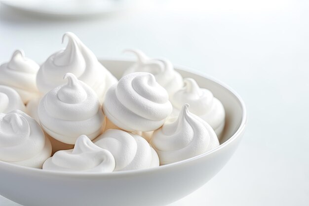 Closeup of small white meringues on a white plate with room for adding text