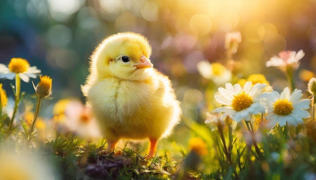 草と花がく畑の小さな黄色いのクローズアップ 可愛い農場の鳥の動物