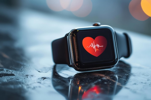 Foto orologio intelligente a primo piano con icona monitoraggio della salute della frequenza cardiaca con orologio intelligente