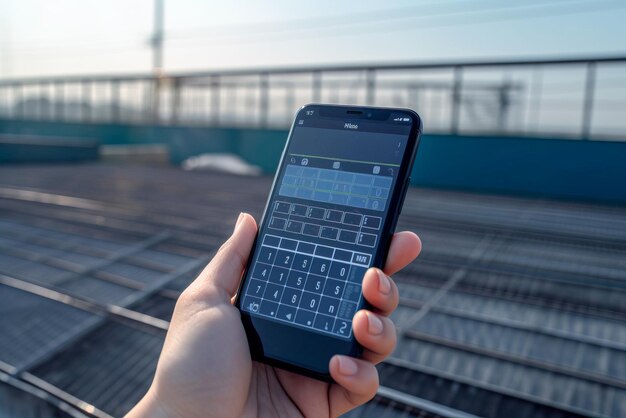 Closeup of a smartphone on the background of solar panels Generative AI