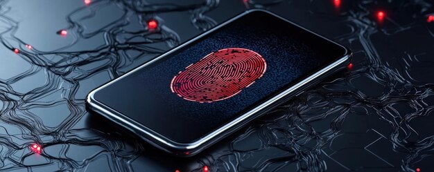 closeup of a smartphone displaying a hightech red fingerprint on a dark circuitlike background symbolizing security