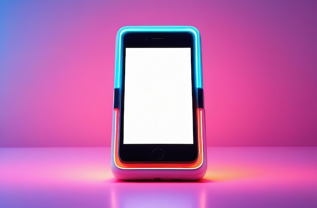 네온 분홍색의 추상적인 배경에 있는 스마트폰 레이아웃의 클로즈업 백색 빈 화면
