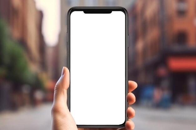 A closeup smartphone mockup in hand against the backdrop of a city street