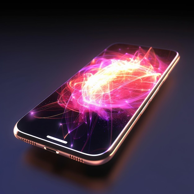 Closeup of a smartphone with abstract image on its screen random light trails on a dark background m