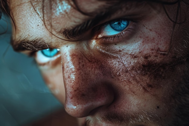 Близкий снимок серьезного мужского лица с голубыми глазами на темном фоне