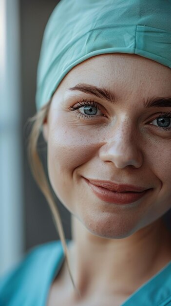 Foto closeup di una dottoressa sorridente con gli occhi blu e il berretto chirurgico