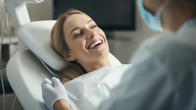 Closeup of a smiling female patient in a dental chair undergoing treatment using dental instruments