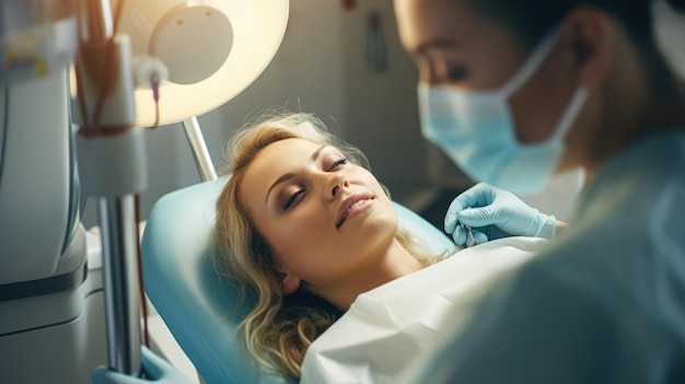 Closeup of a smiling female patient in a dental chair undergoing treatment using dental instruments