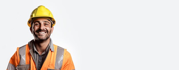 Closeup of a smiling male road worker in uniform helmet special clothing white background isolate