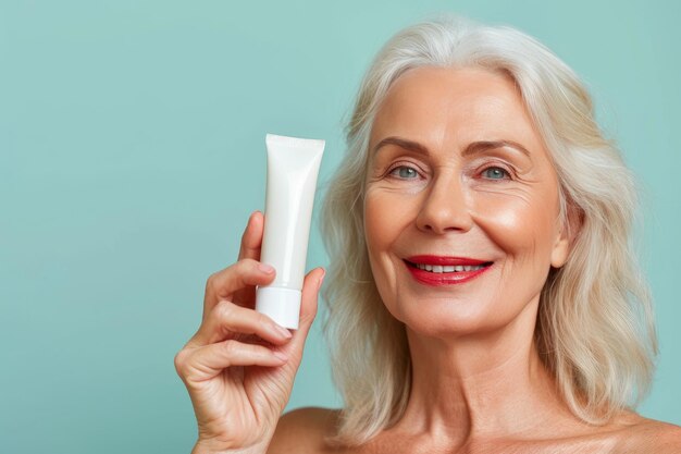 Closeup of Smiling Mature Woman with Cosmetic Tube