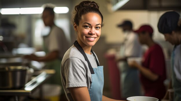 Closeup of a smiling volunteer working in the kitchen of a charitable organization