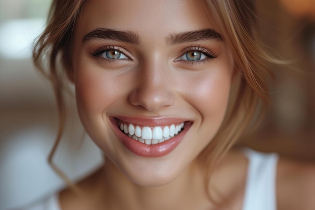 Photo closeup of a smiling woman showcasing her brilliant white teeth after a dental procedure