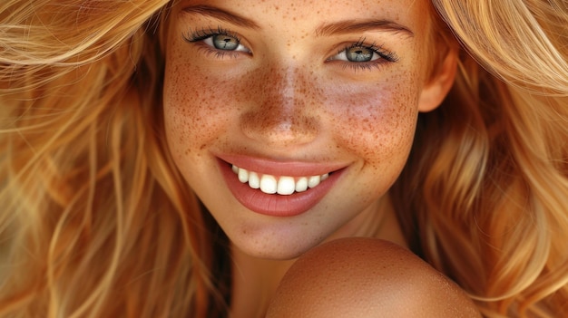 Closeup of a smiling woman with freckles