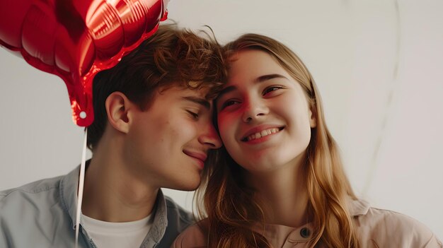 Foto close-up di una giovane coppia sorridente con un palloncino rosso cuore che celebra l'amore e l'affetto momenti gioiosi insieme perfetti per i temi del giorno di san valentino ai