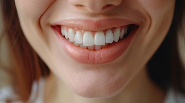 健康な白い歯を持つ笑顔の若い女性のクローズアップ 歯科ケアコンセプト