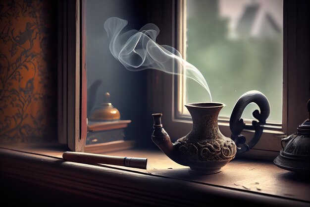 Closeup of smoking pipe with steamy smoke drifting from the window