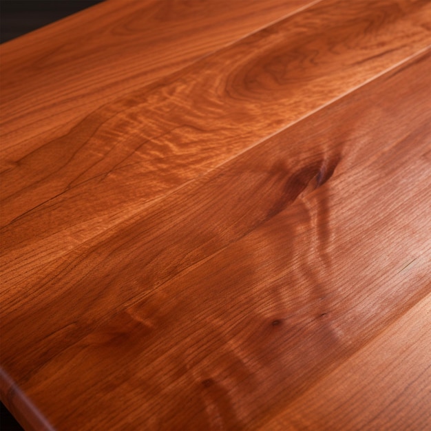 滑らかで磨かれたチェリー木のテーブルの表面のクローズアップ
