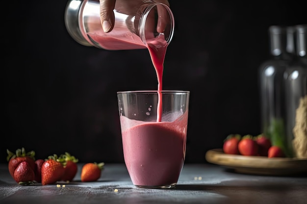 Closeup of smoothie being poured into glass created with generative ai