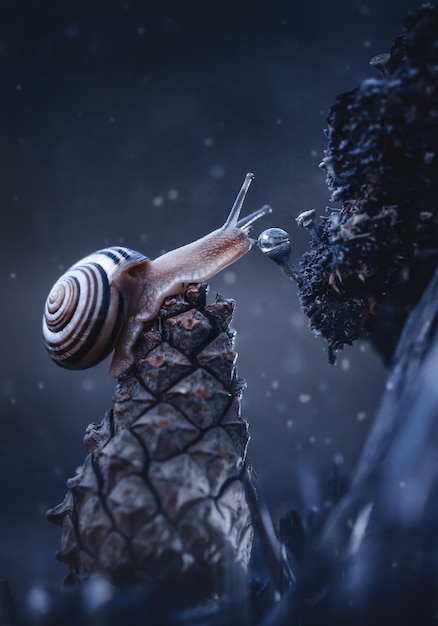 Photo closeup of a snail on a coniferous cone reaches for a drop of water on a natural blue background