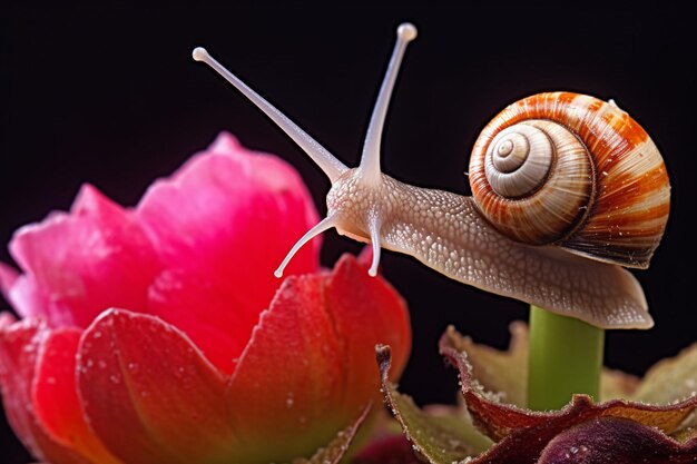 A closeup of a snail on a flower with a brown shell and a long thin body Generative AI