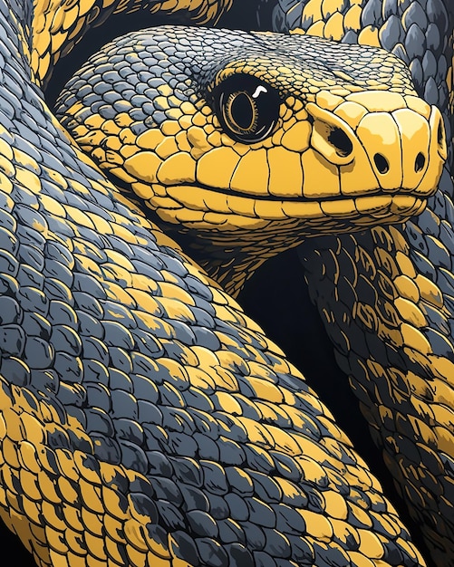 A closeup of a snake's yellow and black head Generative AI