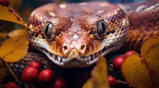 Closeup of snnake snake in wild nature snake in the forest closeup of wild snake snake looking