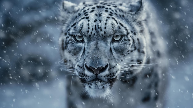 closeup of a snow leopard face falling snowflakes enhancing the winter wildlife atmosphere