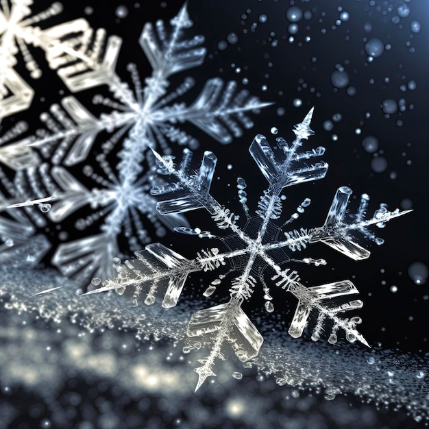 closeup of snowflakes falling against a black background