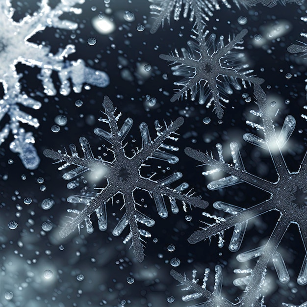 closeup of snowflakes falling against a black background