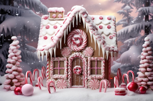 A closeup of a snowy gingerbread house with candy canes framing the door