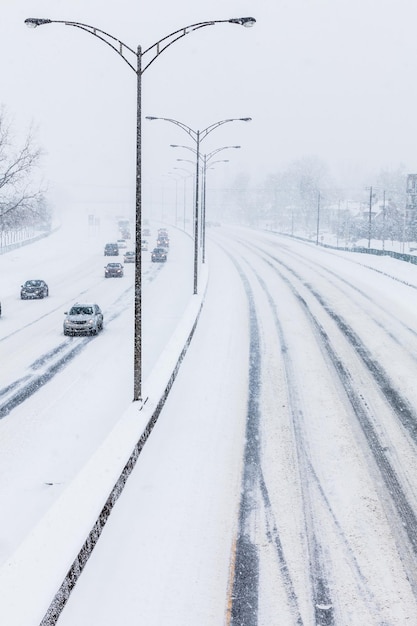 Closeup of Snowy Highway from Above