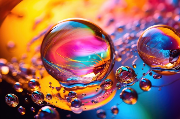 A closeup of soap bubbles reflecting a rainbow of colors