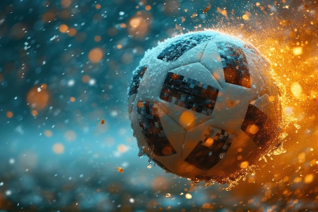 Closeup of a soccer ball in midair highlighting the intensity of a wellexecuted shot on goal