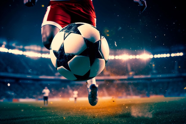 Closeup of a soccer forward ready to kick the ball into the soccer goal Ball with power