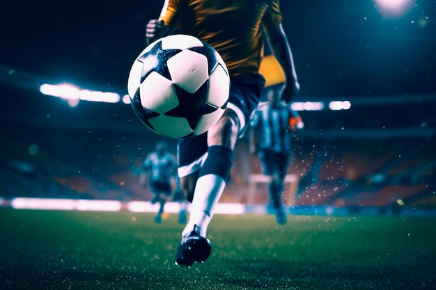 サッカーのゴールにボールをキックする準備ができているサッカーのフォワードのクローズアップボールとパワー