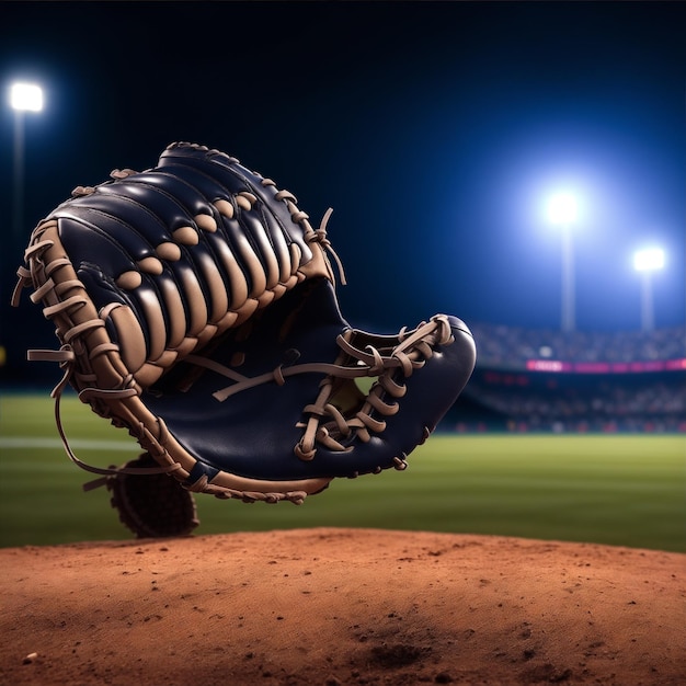 A closeup of a softball glove illuminated by the stadium lights with a blurred background