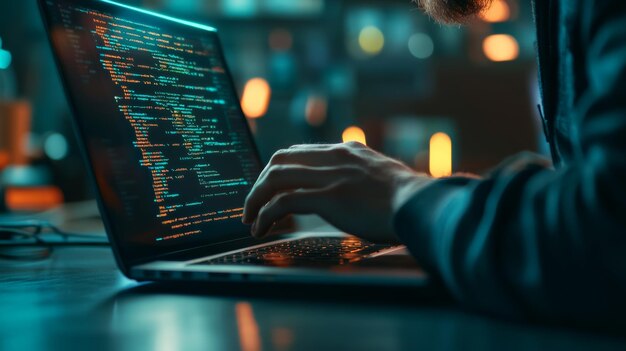 closeup of a software developer typing code on a laptop in a dimly lit room with soft bokeh lights intense focus on programming during a latenight coding session