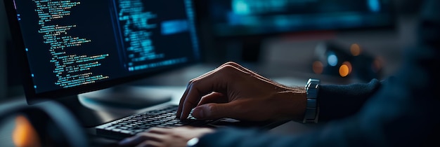 closeup of a software developer typing on a mechanical keyboard with code on a large monitor in a dimly lit room a tech scene representing coding development and software innovation