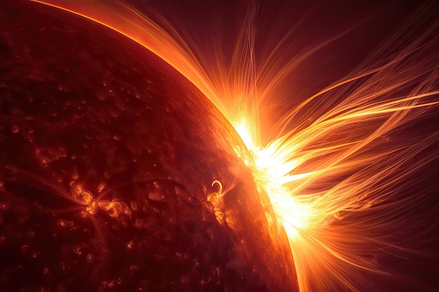 Closeup of solar flare with its intense energy and heat visible