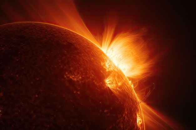 Closeup of solar flare with sunspots visible in the background