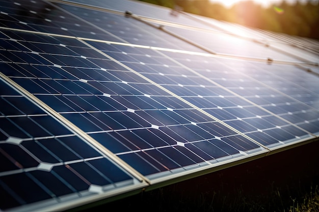 Closeup of solar panel with the sun shining down creating energy created with generative ai