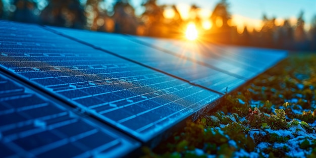 A closeup of solar panels on a morning sunny day