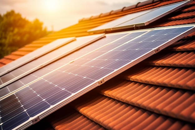 지붕에 있는 태양광 패널의 광전지 클로즈업 Generative Ai