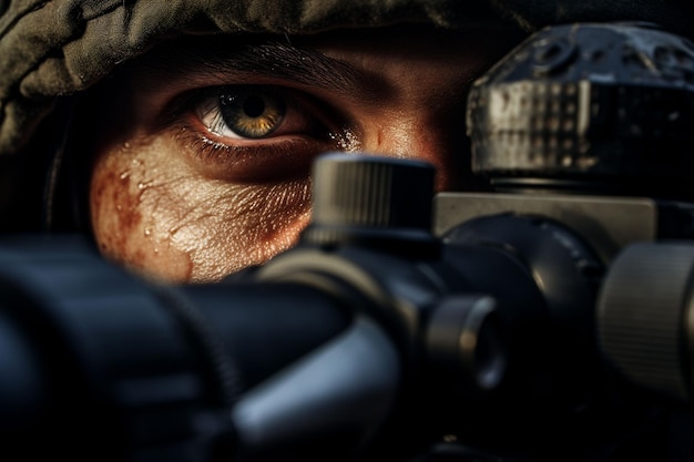 Photo closeup of a soldier with assault rifle selective focus ai generated