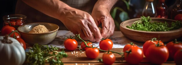 Крупный план чьих-то рук, создающих аппетитный ужин Генеративный ИИ