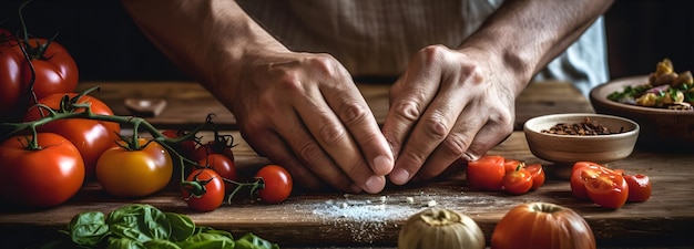 おいしそうな夕食を作る人の手のクローズアップ 生成 AI