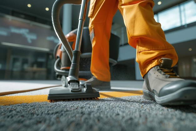 Closeup of someone vacuuming a vibrant orange carpet focusing on cleanliness